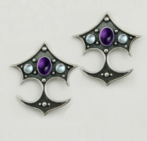 Sterling Silver Gothic Drop Dangle Earrings With Amethyst And Blue Topaz